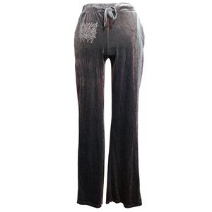 Shein M 6 Womens Gray Velour Flare Pants Drawstring Stretch Rhinestone Heart Y2K